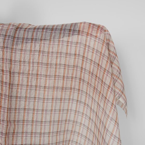 Tissu de lin beige orange rose carreaux multicolores gaze