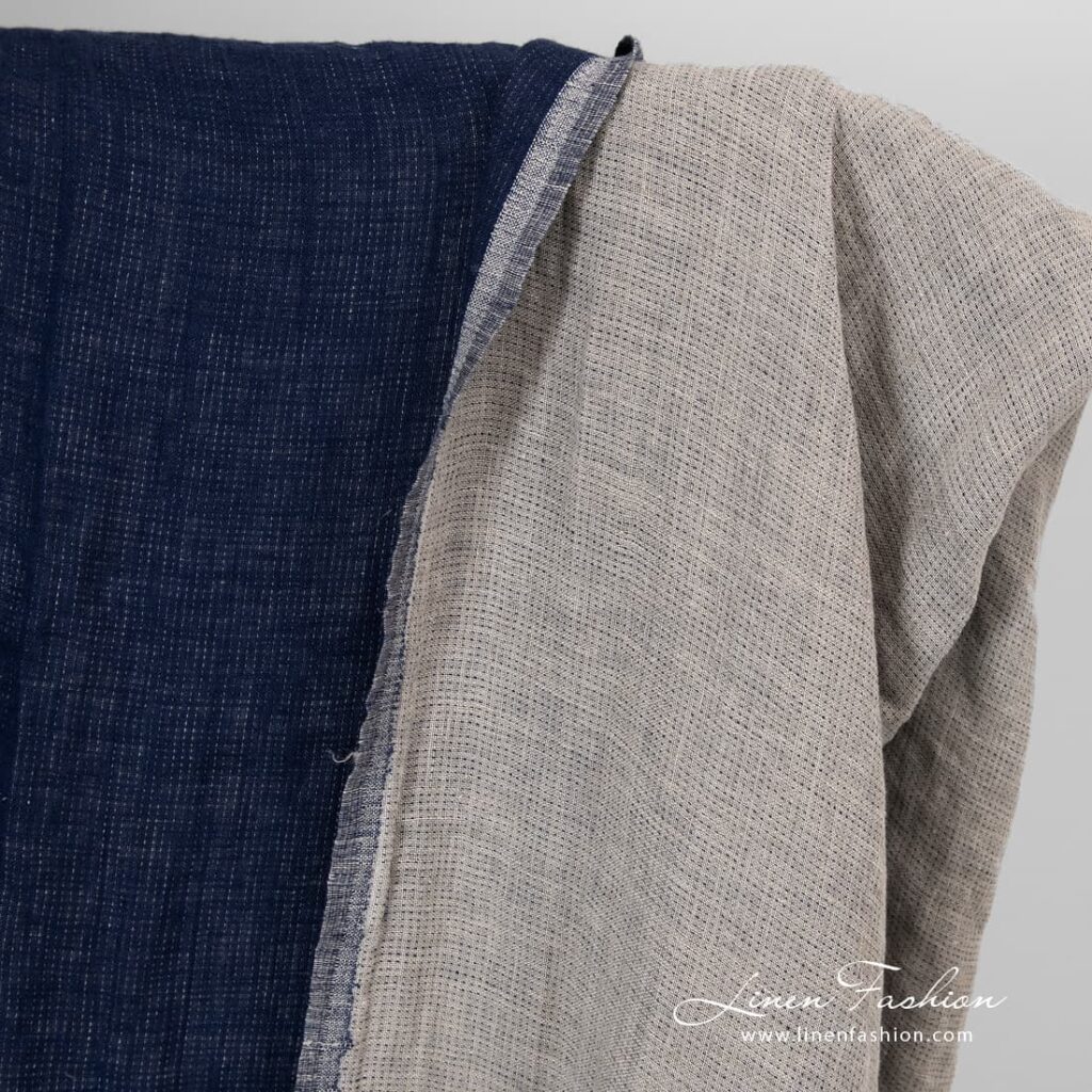 Tissu de lin double face bleu et lin lavé 2 Double sided linen fabric, washed.