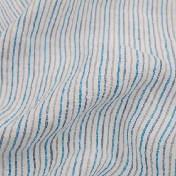 Tissu de lin blanc lavé à rayures bleues