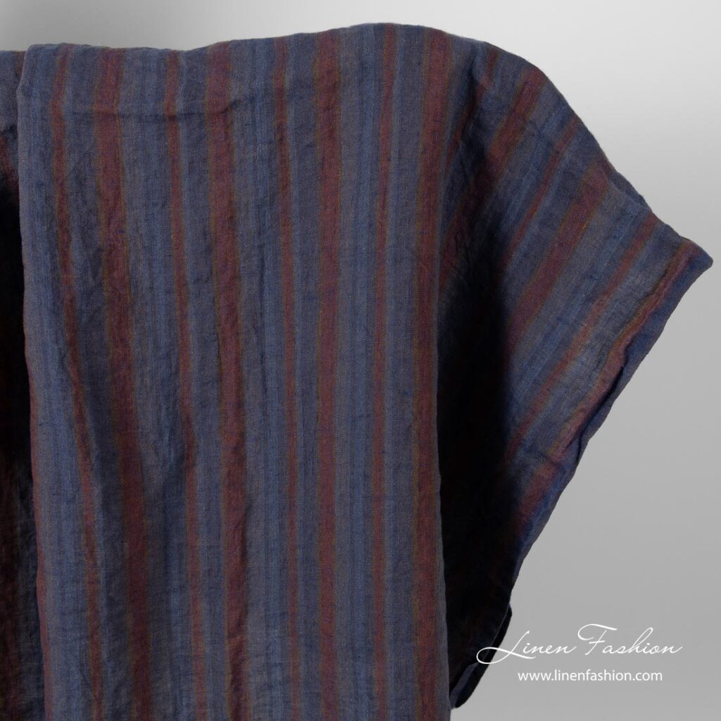 Tissu de lin à rayures bleues, grises et brunes, lavé 1 Grey brown fabric, washed linen