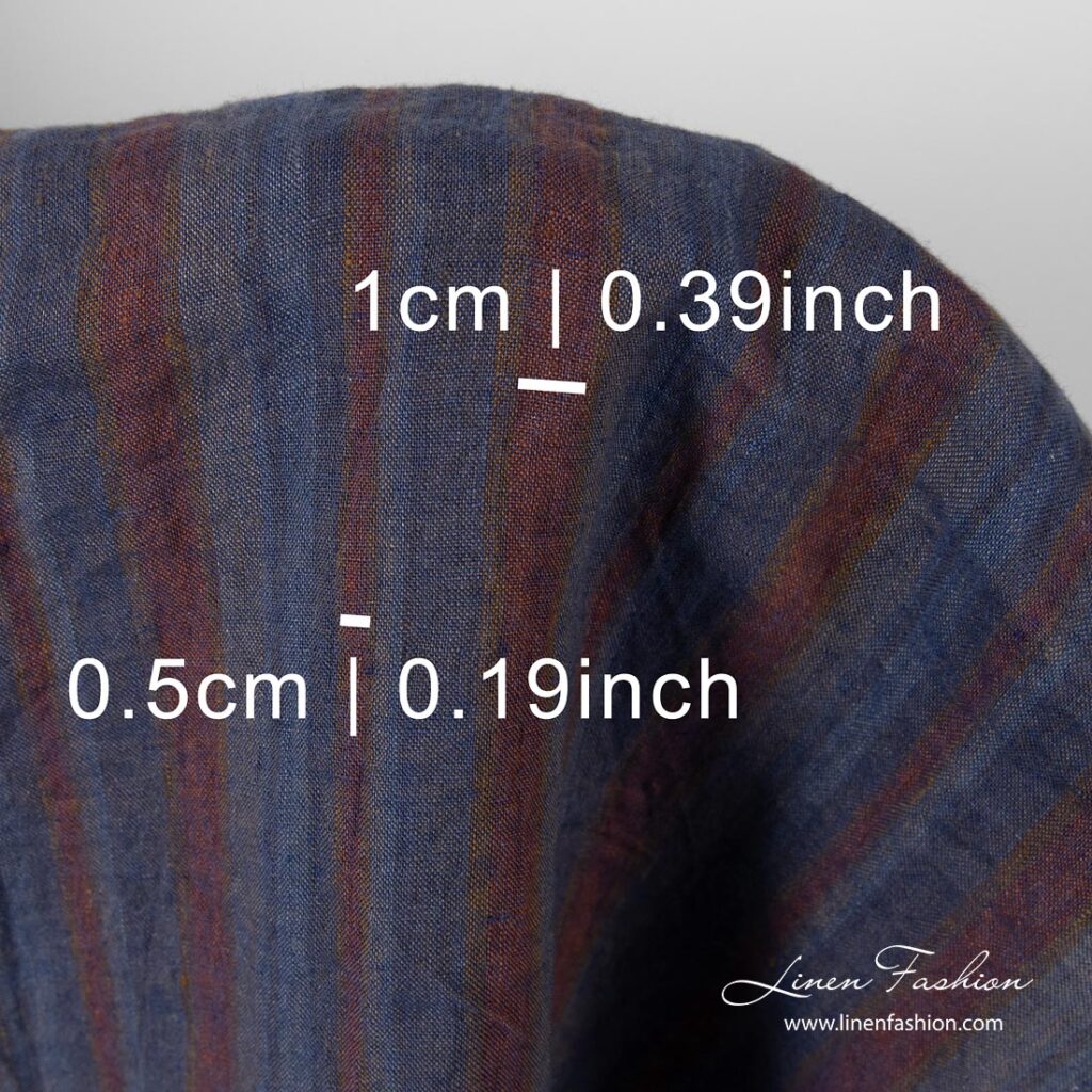 Tissu de lin à rayures bleues, grises et brunes, lavé 2 Washed striped linen fabric with measures