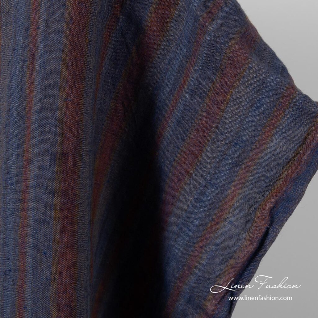 Tissu de lin à rayures bleues, grises et brunes, lavé 3 Washed linen fabric with grey, blue, brown stripes