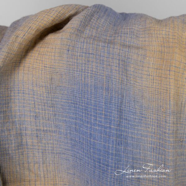 Checked linen fabric in blue and yellowish brown color, high quality
