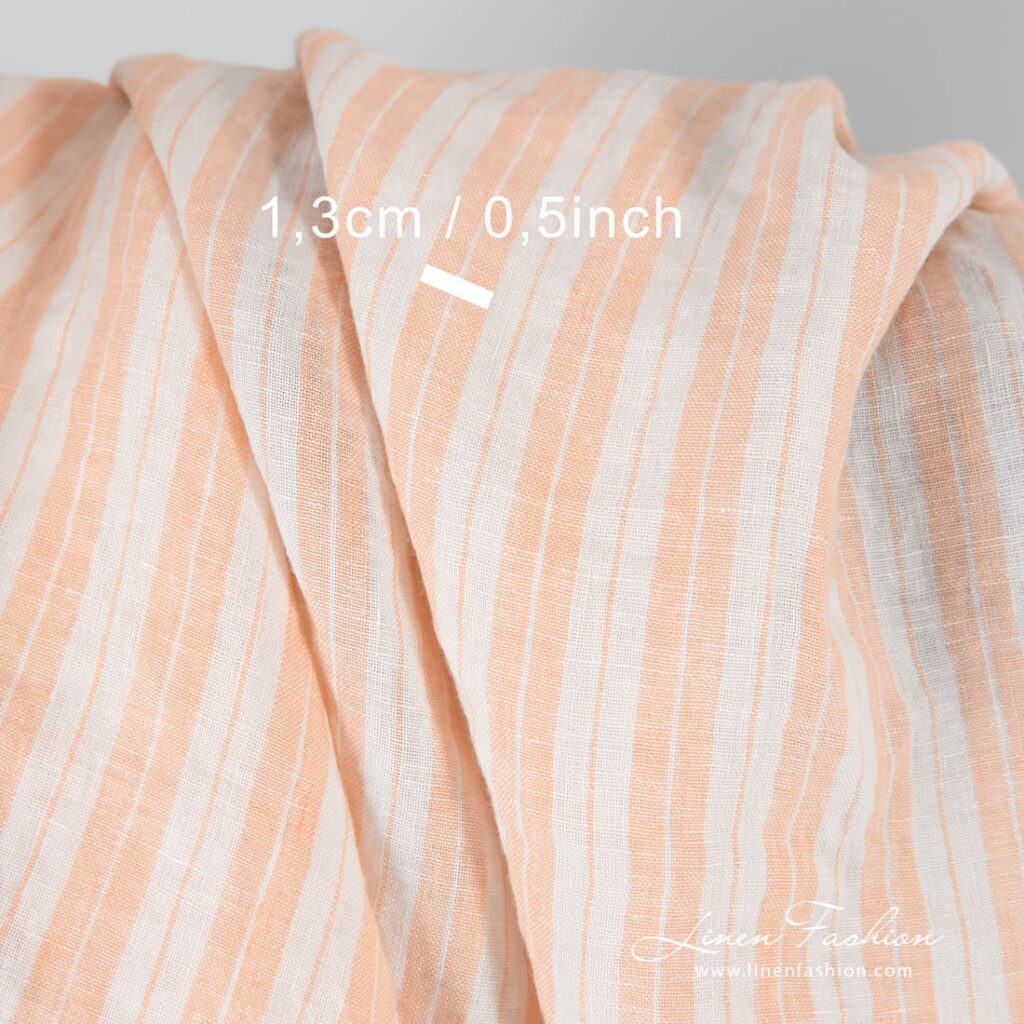 Tissu de lin rayé, couleur pêche, lavé 4 Striped linen fabric in peach color, perfect for clothes and home textile