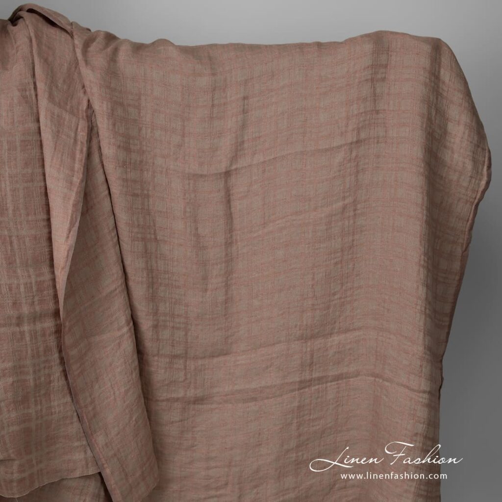 Tissu en lin lavé à carreaux de couleur gris brunâtre 1 Washed linen fabric brownish grey colour check pattern