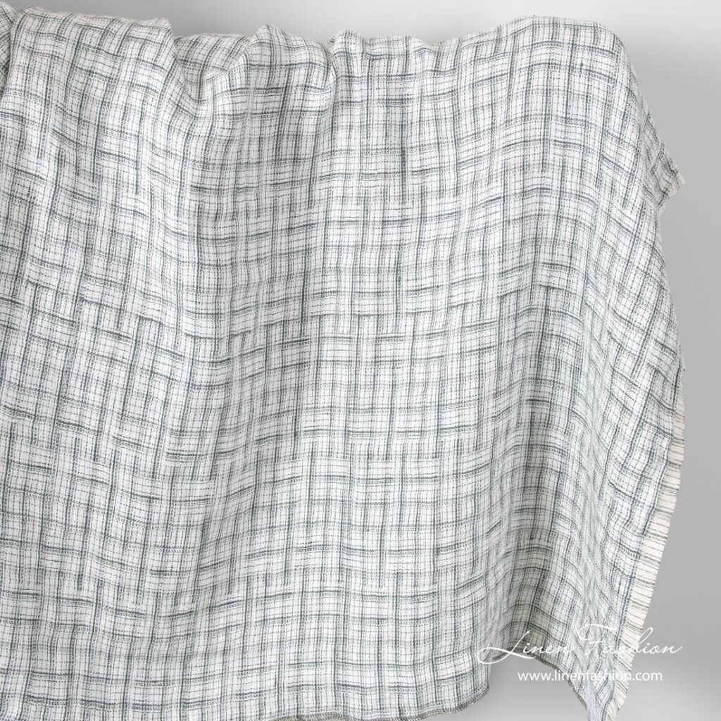 Lavé blanc gris à carreaux motif jacquard tissu en lin 1 Jacquard pattern linen fabric with grey stripes, washed