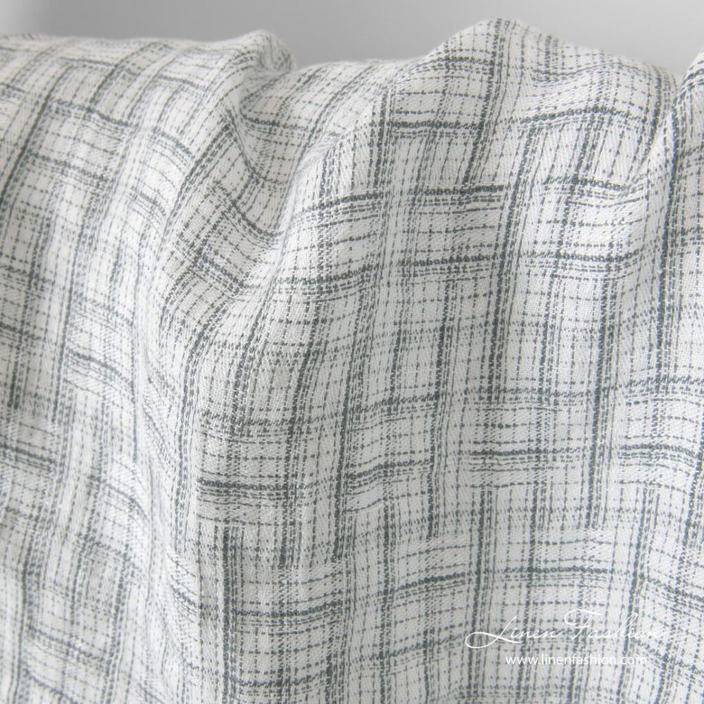 Lavé blanc gris à carreaux motif jacquard tissu en lin 3 Washed white linen fabric with grey stripes