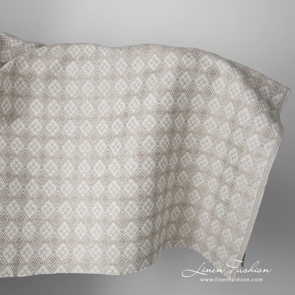 Tissu en lin et coton, couleur sable, motif en losange 1 Linen cotton fabric sand colour rhombus pattern