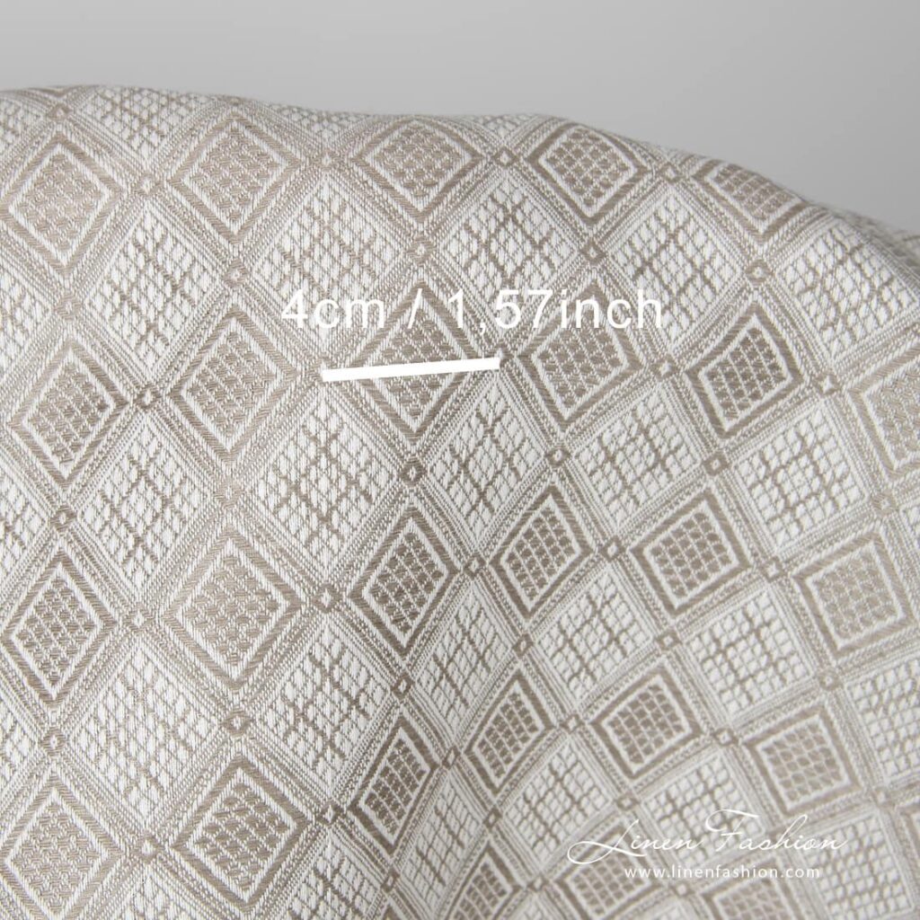 Tissu en lin et coton, couleur sable, motif en losange 4 Linen cotton fabric sand colour rhombus pattern with measurements