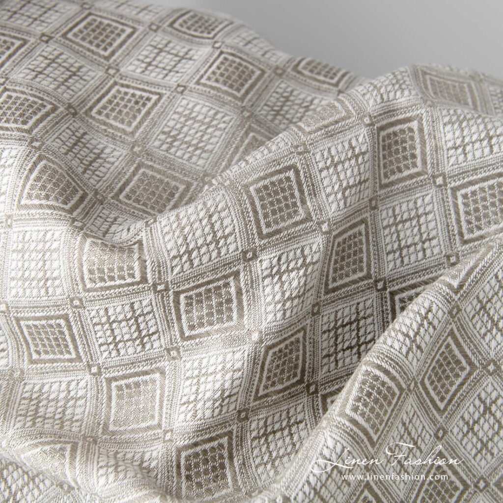 Tissu en lin et coton, couleur sable, motif en losange 3 Linen cotton fabric sand colour rhombus pattern product photo