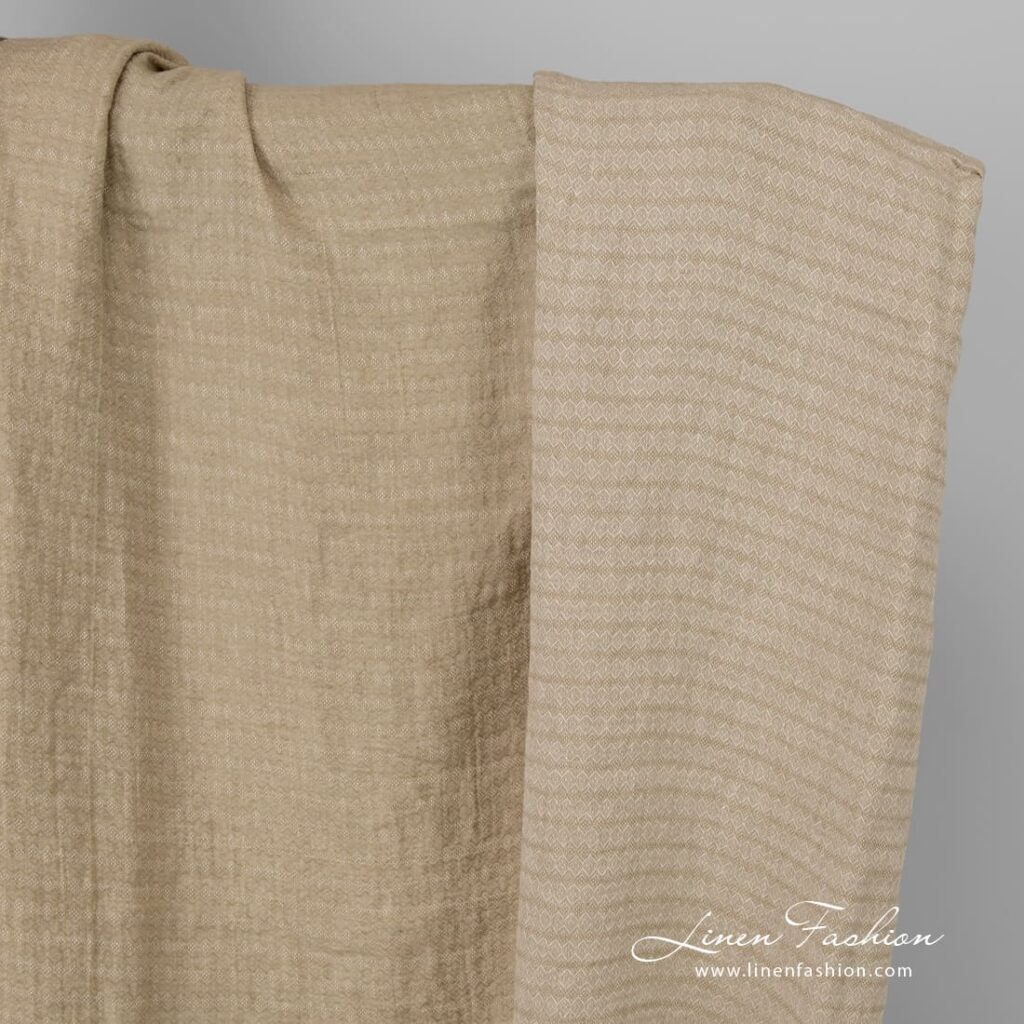 Tissu en lin diamant vert-beige lavé 1 Light brown linen fabric