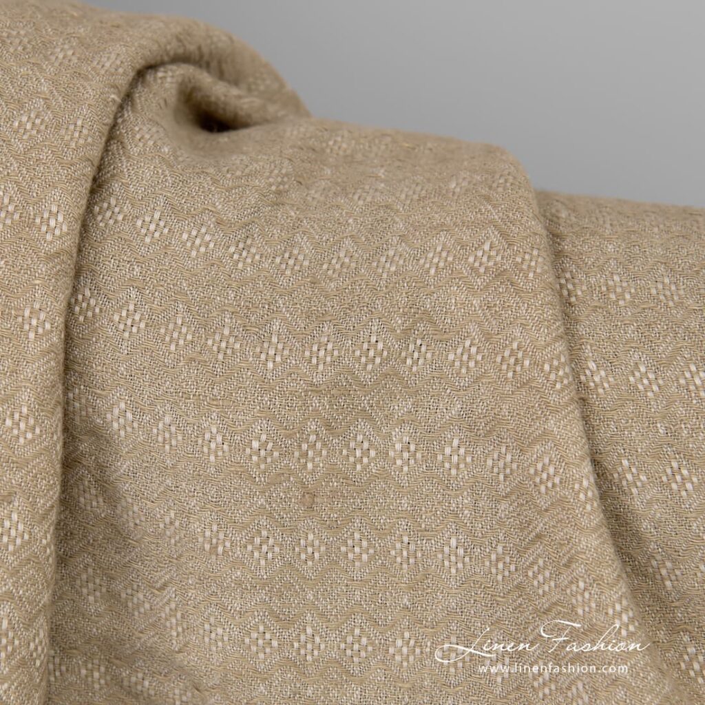 Tissu en lin diamant vert-beige lavé 2 Light brown linen fabric with decorative diamonds