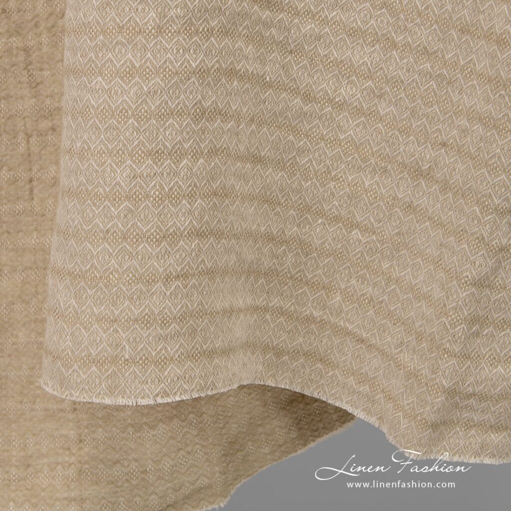 Tissu en lin diamant vert-beige lavé 4 Light brown double-sided linen fabric, washed