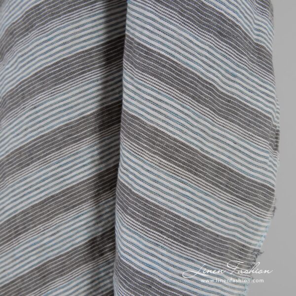 Brown blue linen fabric in stripes, specially washed to increase softness