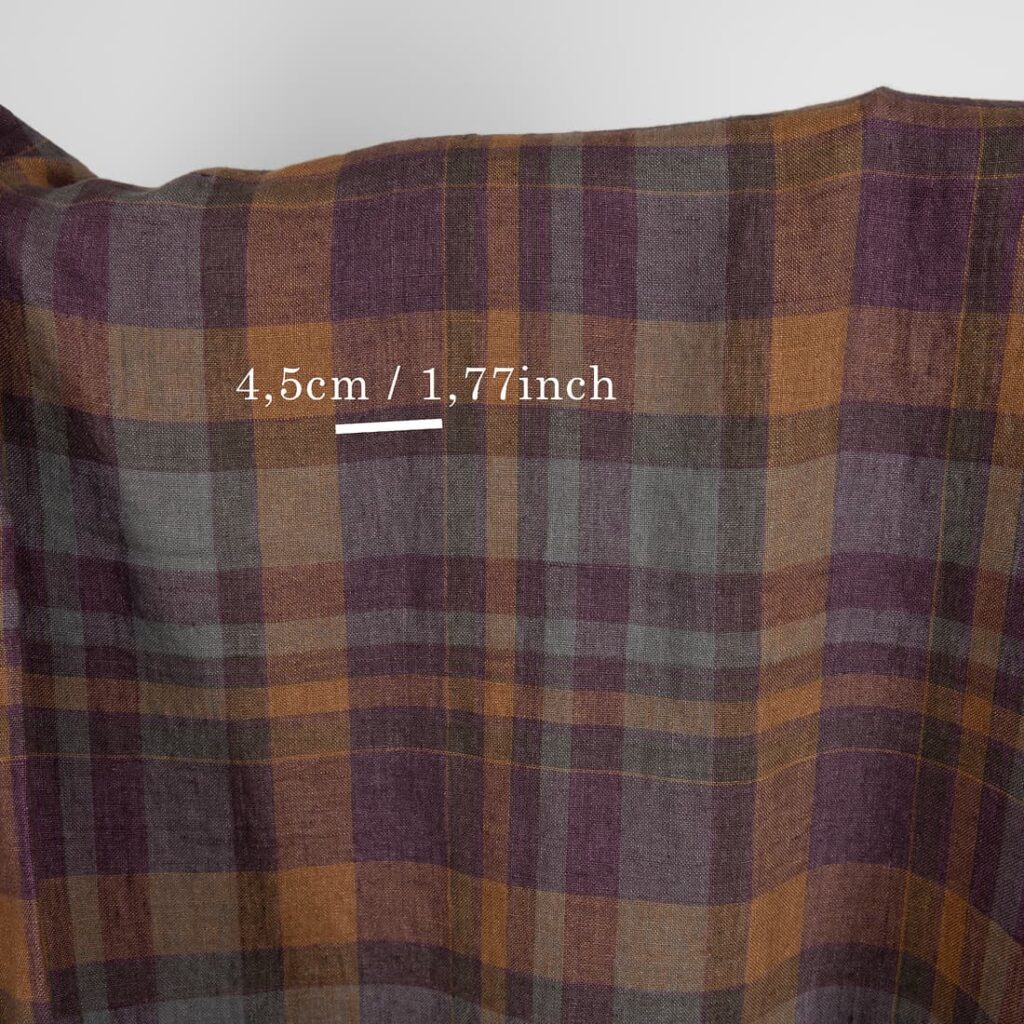 Tissu en lin lavé à carreaux violets 4 Purple plaid washed linen fabric with measurements