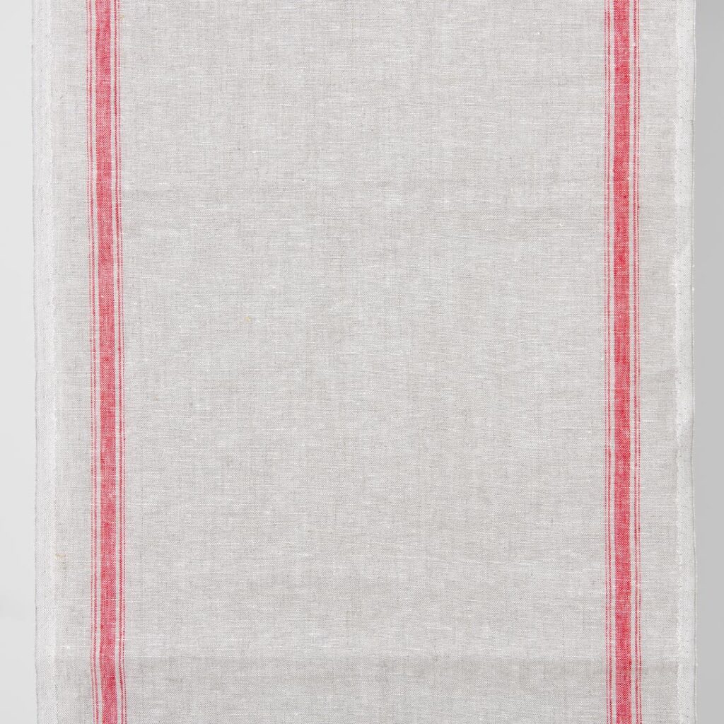 Tissu de lin étroit gris clair avec rayures rouges 1 Narrow linen fabric light grey colour with red stripes