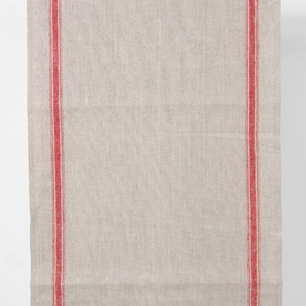 Tissu de lin étroit gris naturel avec rayures rouges 1 Narrow linen fabric natural grey colour with red stripes