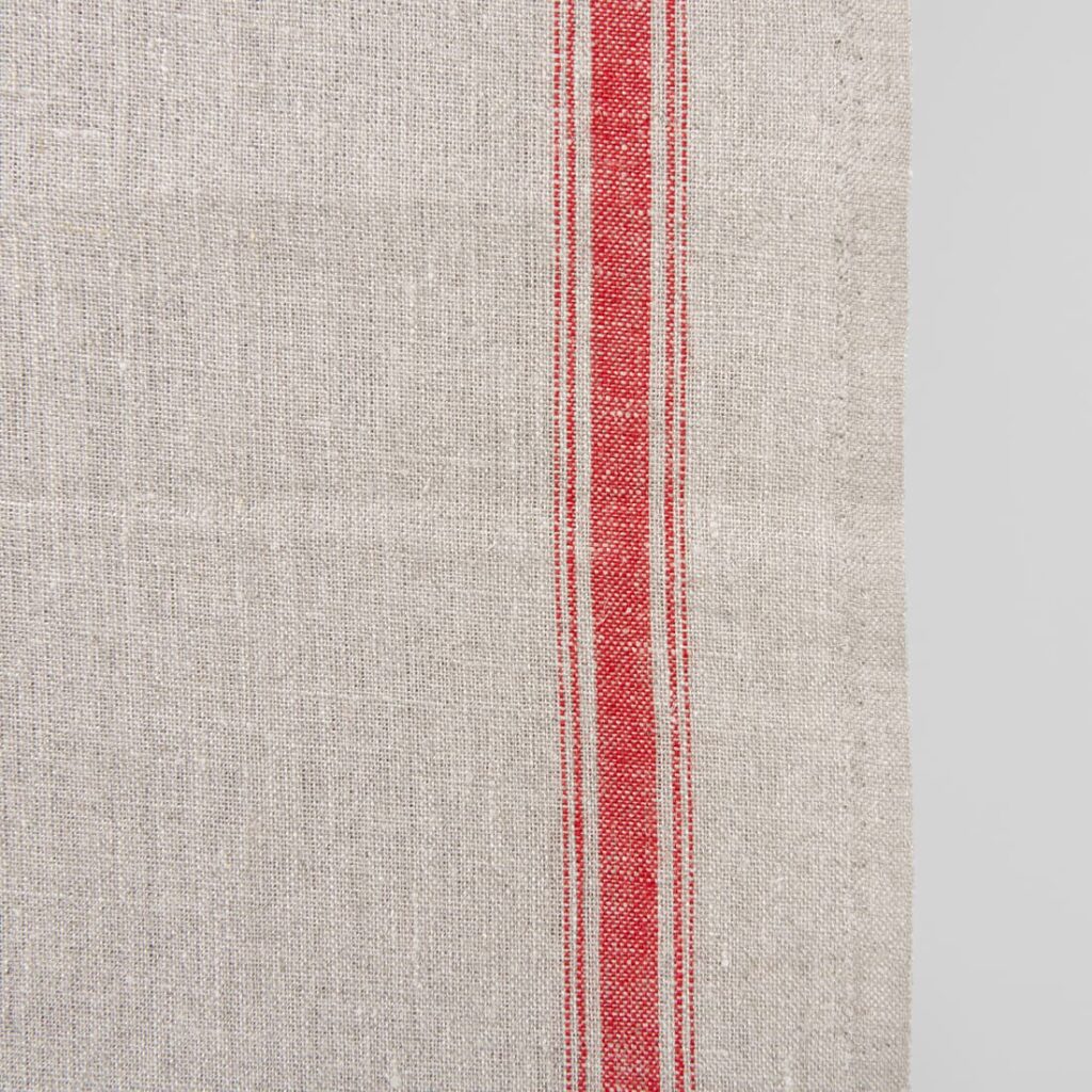 Tissu de lin étroit gris naturel avec rayures rouges 2 Narrow linen fabric natural grey colour with red stripes product photo detail