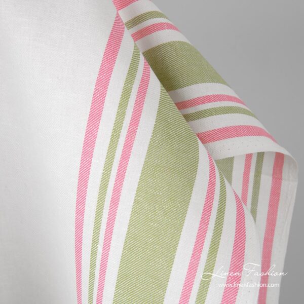 Linen cotton toweling fabric with pink, green stripes