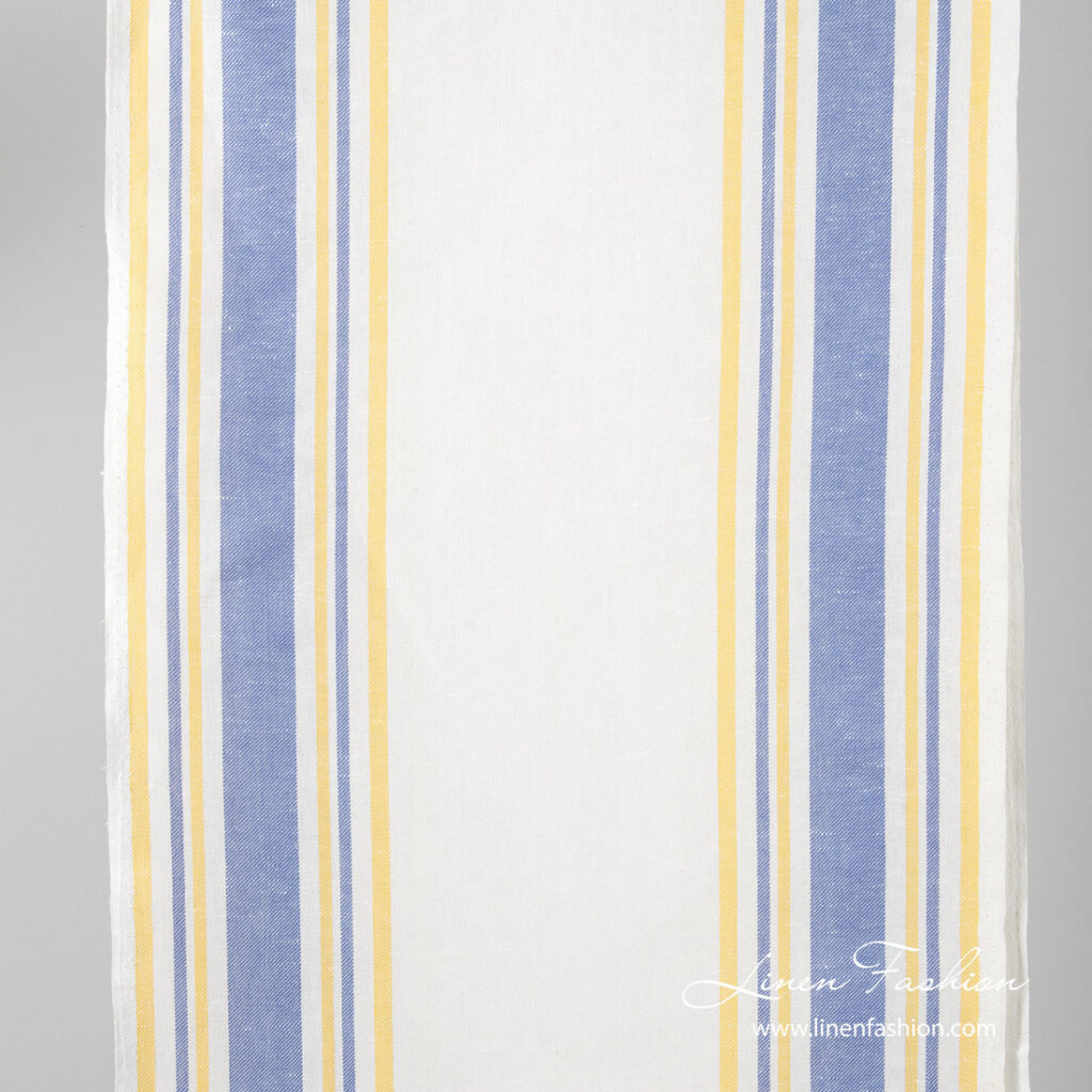 Tissu étroit en lin et coton à rayures jaunes et bleues 1 Narrow linen fabric, white with blue and yellow stripes