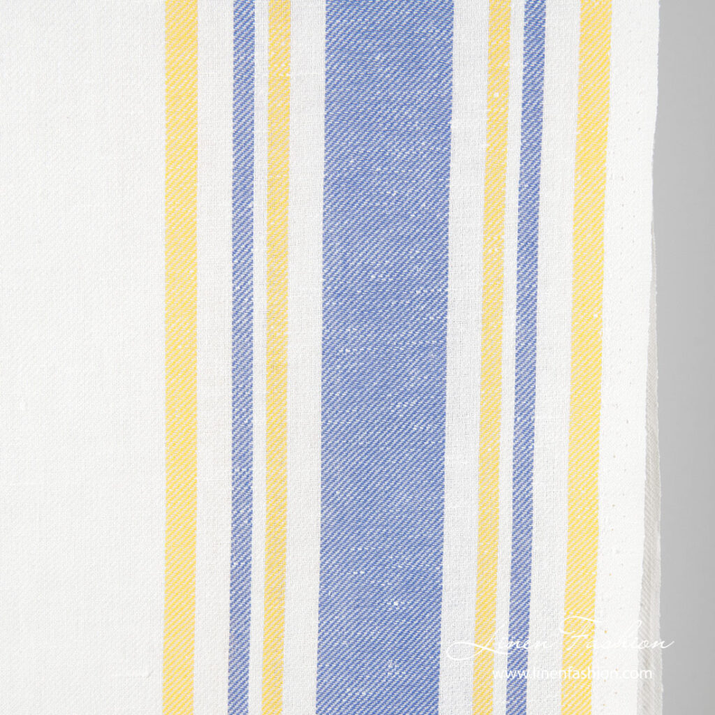 Tissu étroit en lin et coton à rayures jaunes et bleues 2 White narrow linen blend fabric in yellow, blue stripes