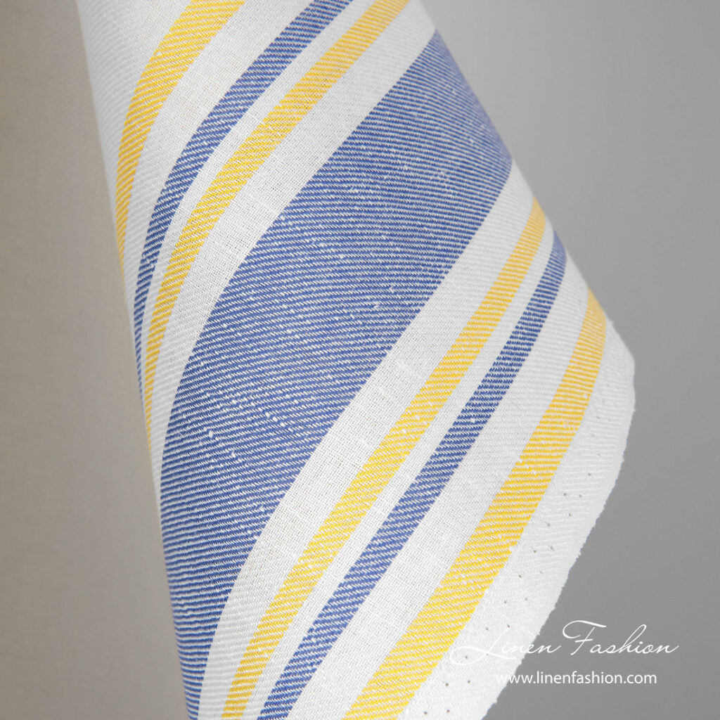 Tissu étroit en lin et coton à rayures jaunes et bleues 3 Linen cotton towel fabric with blue, yellow stripes