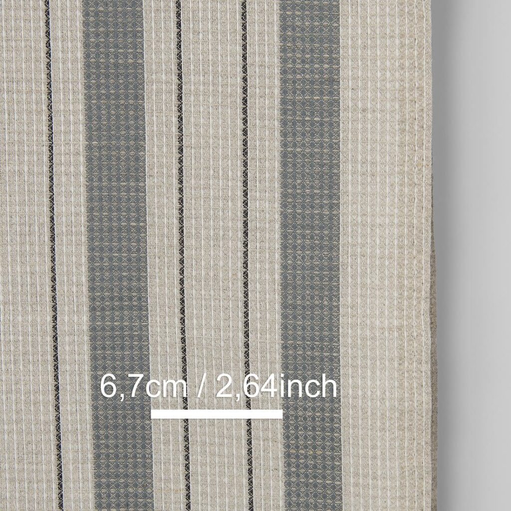 Tissu étroit en lin et coton beige à rayures grises gaufré 2 Narrow linen cotton fabric beige with grey stripes waffle, with measurements