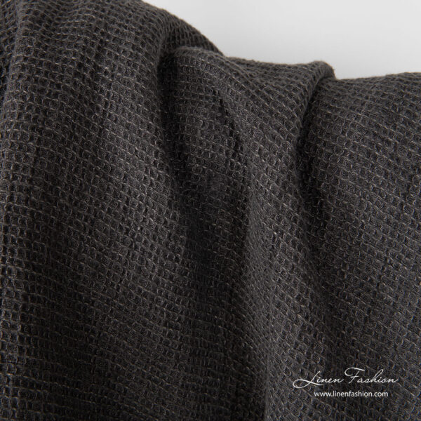 Dark grey linen fabric in waffle weave, washed