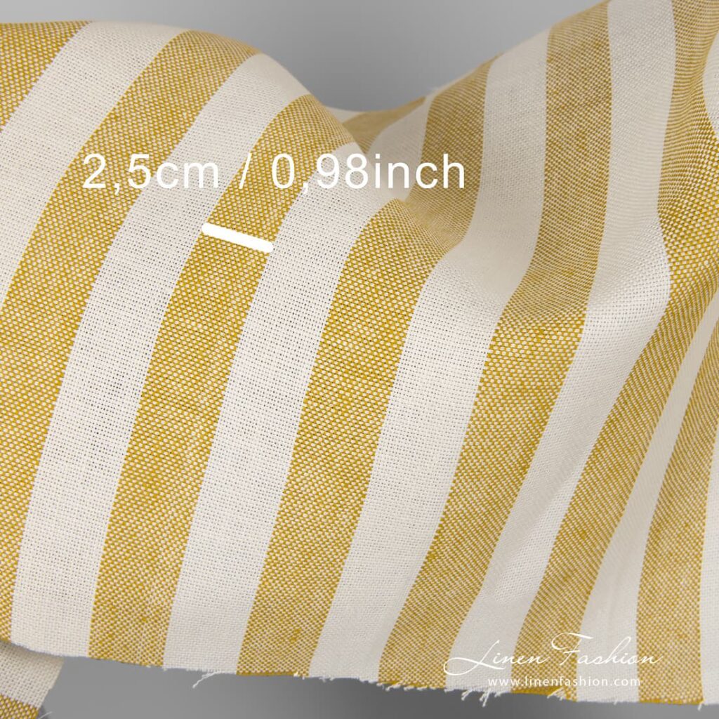 Tissu de lin épais à rayures jaune moutarde et blanc cassé 3 100% linen fabric in yellow and off white stripes.