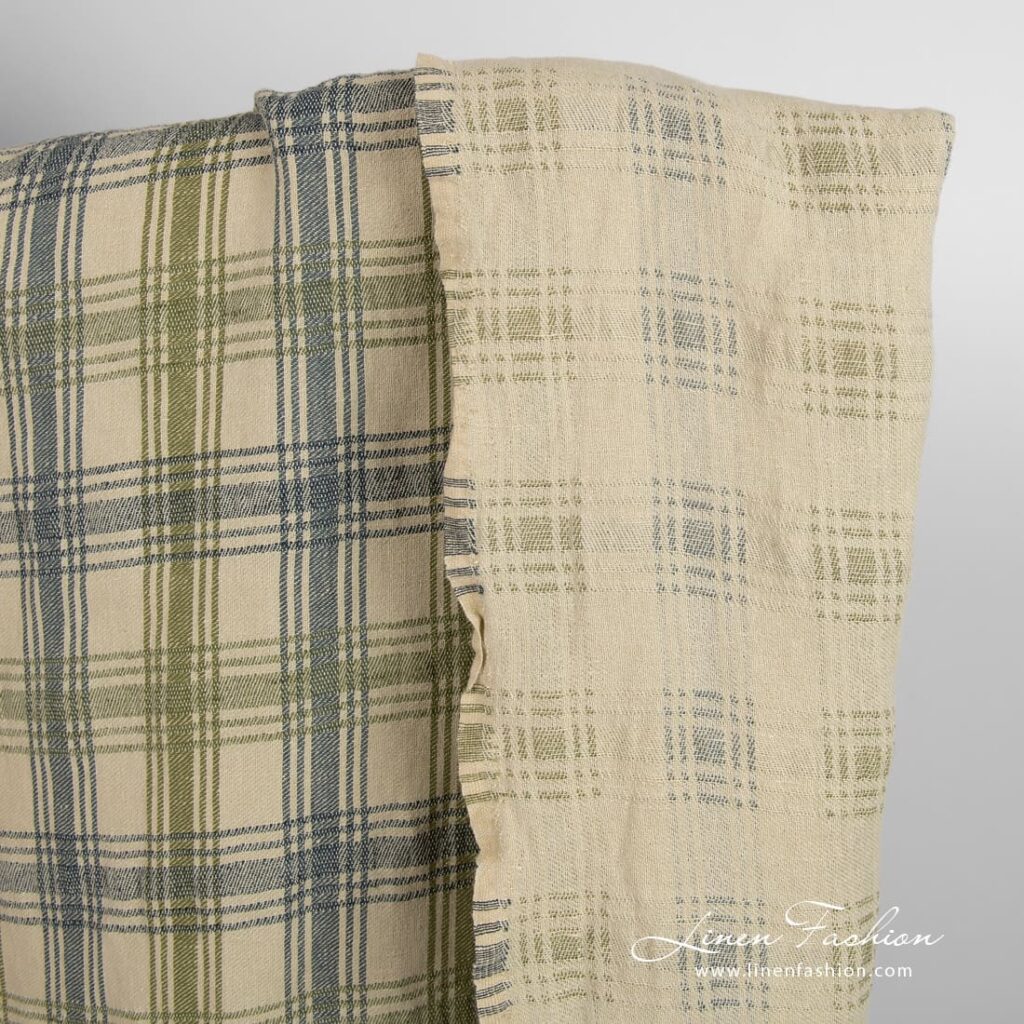 Tissu en coton lin vert à carreaux lavés 2 Green linen cotton fabric in checks, double-sided