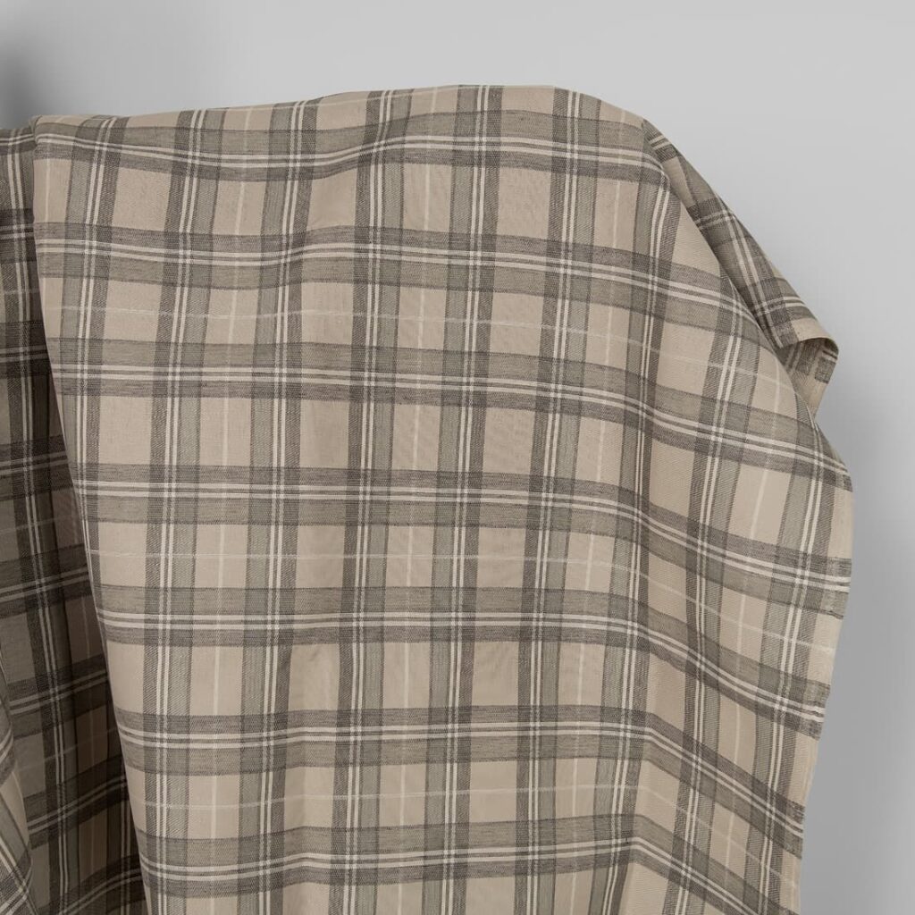 Tissu en lin et coton à carreaux sable et gris en sergé 1 Linen cotton fabric sand and grey checks