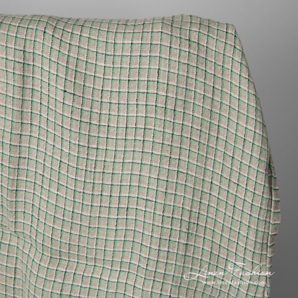 Grey natural flax colour 100% linen fabric with light green, black and white checks