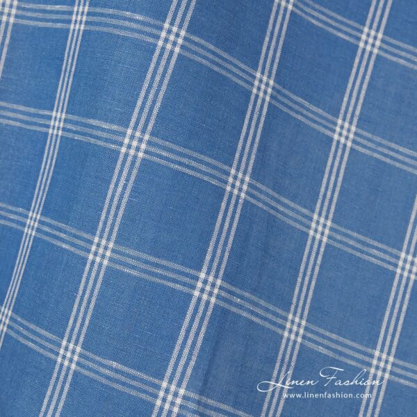 Checked blue linen cotton fabric