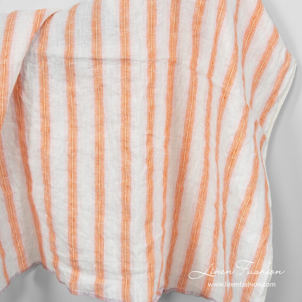 Tissu de lin lavé à rayures orange 1 Washed linen fabric in orange stripes