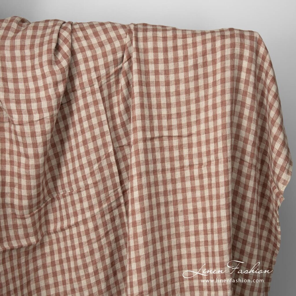 Tissu de lin lavé à carreaux bruns et naturels 1 Washed linen fabric brown and natural checks