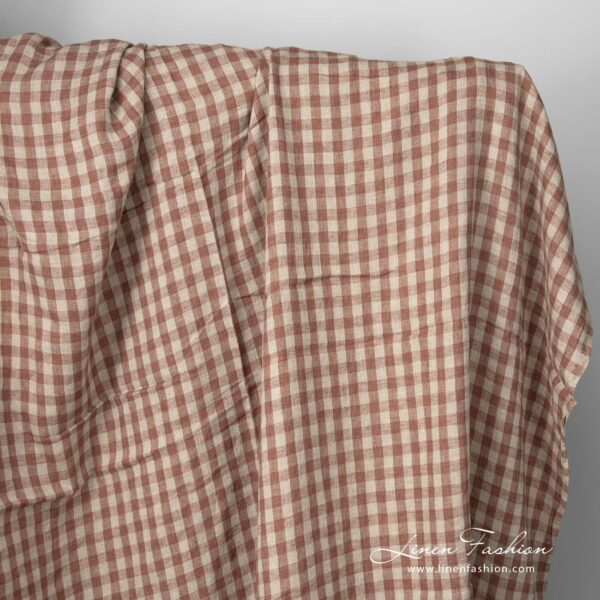 Washed linen fabric brown and natural checks