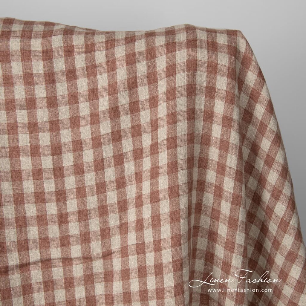 Tissu de lin lavé à carreaux bruns et naturels 2 Washed linen fabric brown and natural checks product photo