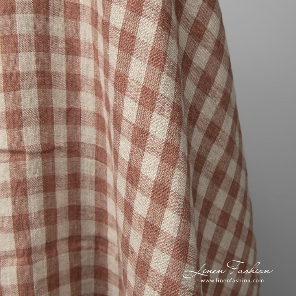 Tissu de lin lavé à carreaux bruns et naturels 4 Washed linen fabric brown and natural checks pure linen