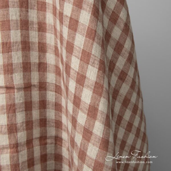 Washed linen fabric brown and natural checks pure linen
