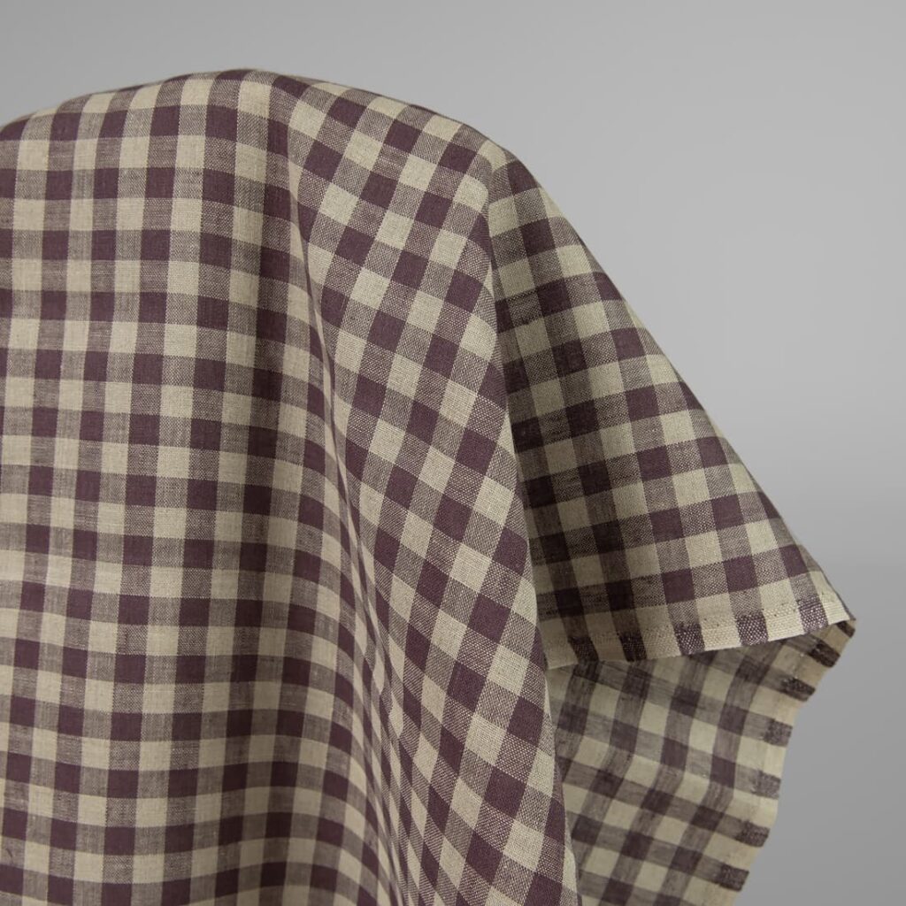 Tissu de lin à carreaux naturels et violets 2 Linen fabric in natural and purple colour checks product photo