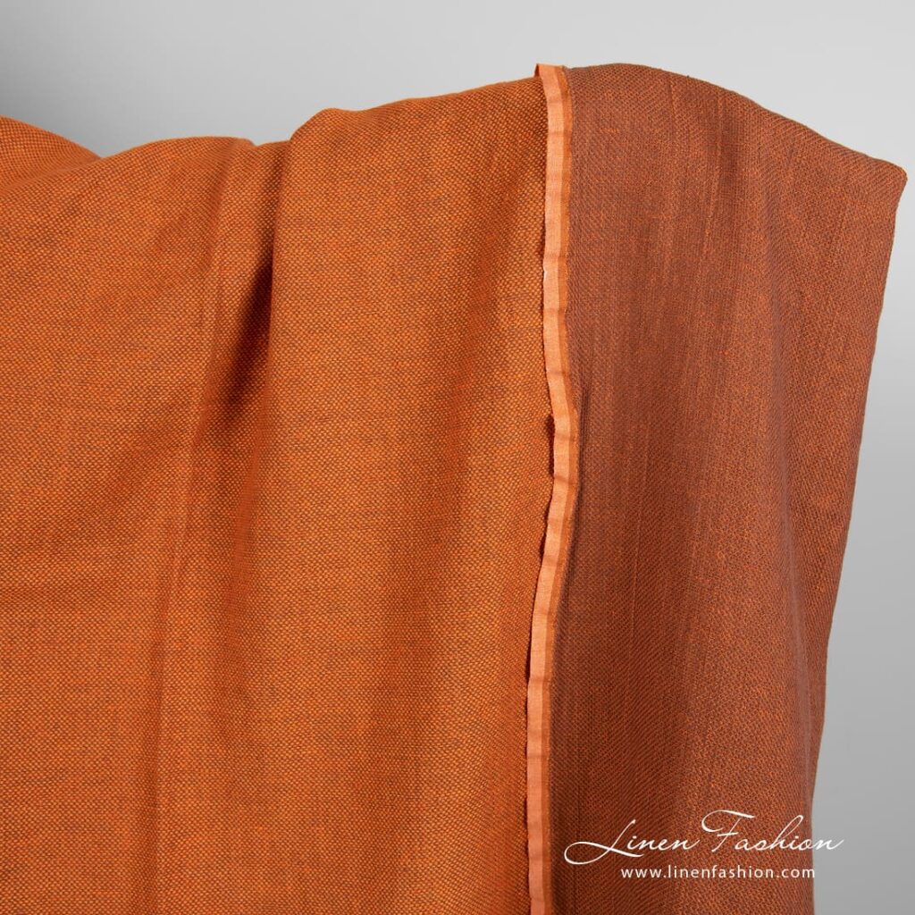 Tissu coton lin orange en petits losanges lavés 2 Orange linen cotton fabric, double-sided in small diamond pattern