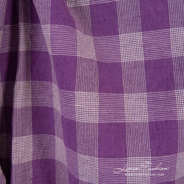 Violet linen cotton fabric in checks, washed
