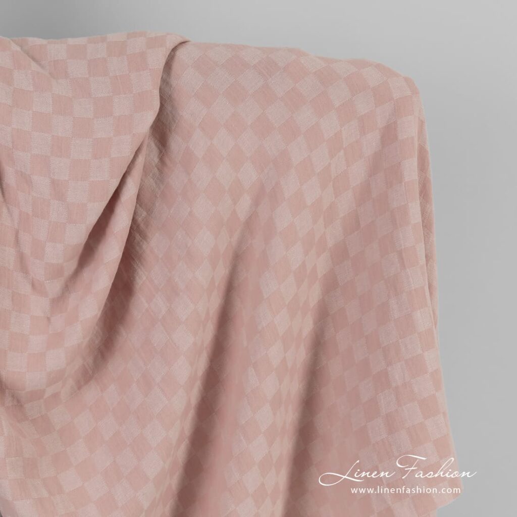 Tissu en coton lin rose à carreaux lavés 1 Pink linen cotton fabric in checks