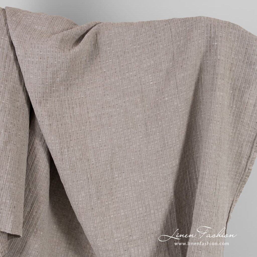 Tissu en coton lin beige à rayures lavées 1 Beige linen cotton fabric in stripes