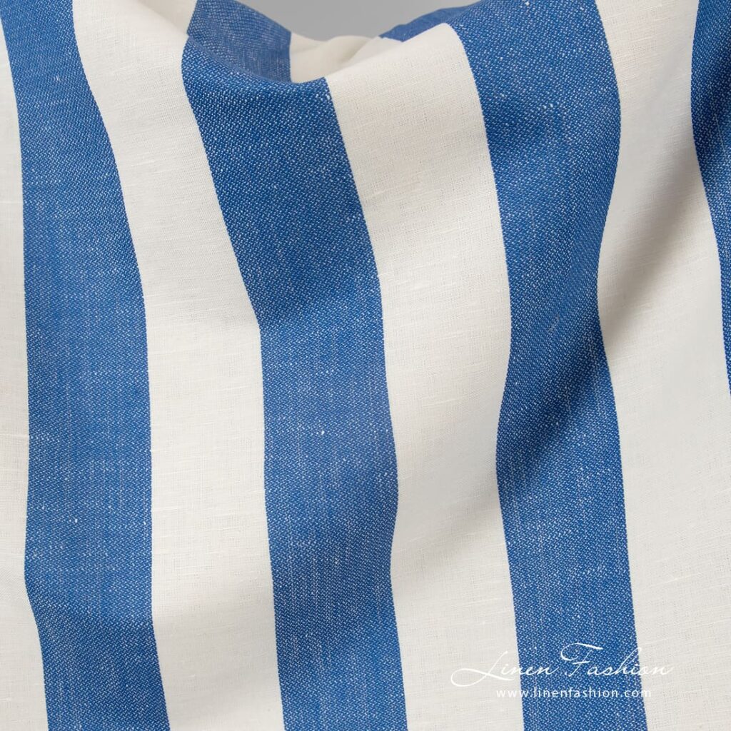 Tissu en lin et coton à rayures bleues et blanches 3 Linen cotton fabric in vertical stripes