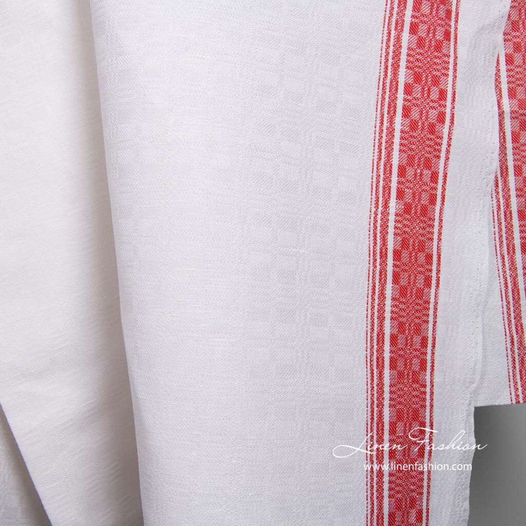 Tissu en coton lin blanc à rayures rouges 1 Tissu en coton lin blanc à rayures rouges