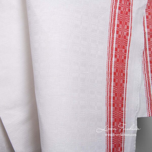 Tissu en coton lin blanc à rayures rouges