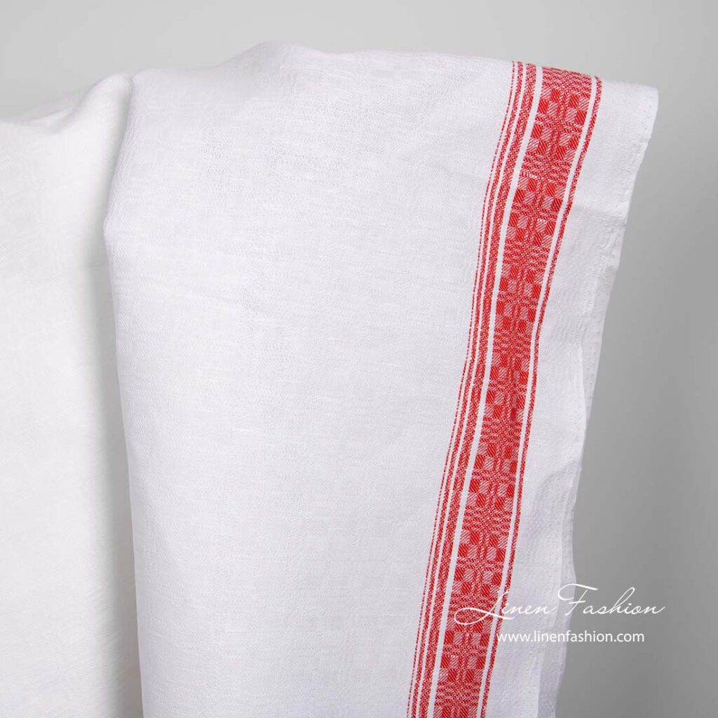Tissu en coton lin blanc à rayures rouges 2 Tissu en coton lin blanc à rayures rouges – Image 2