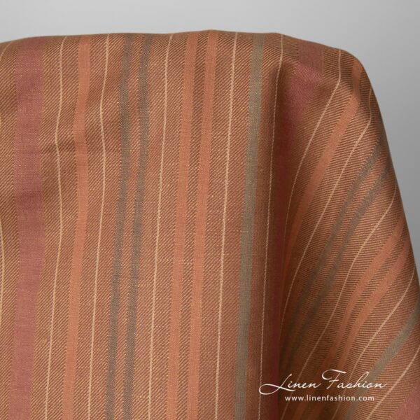 Strong, dense linen cotton fabric with vertical brown stripes