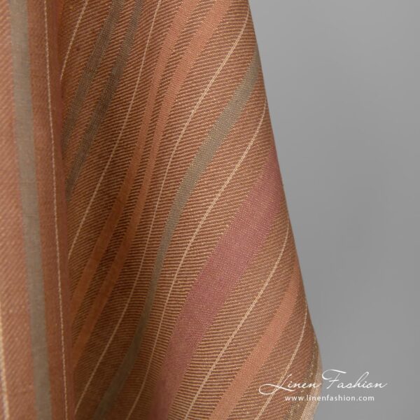 Linen cotton fabric with vertical light and dark brown, dark red, grey stripes in various different widths